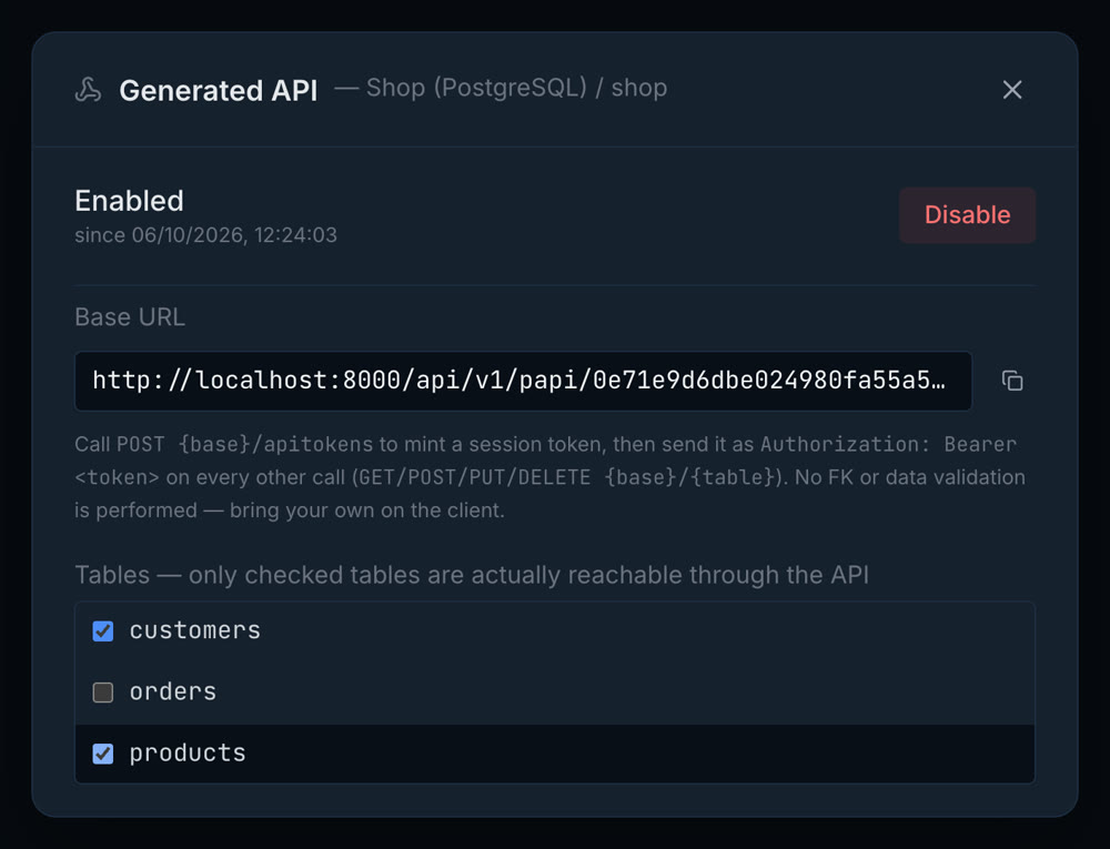 Pilotbase Generated API dialog: enabled, with a base URL and the customers and products tables ticked